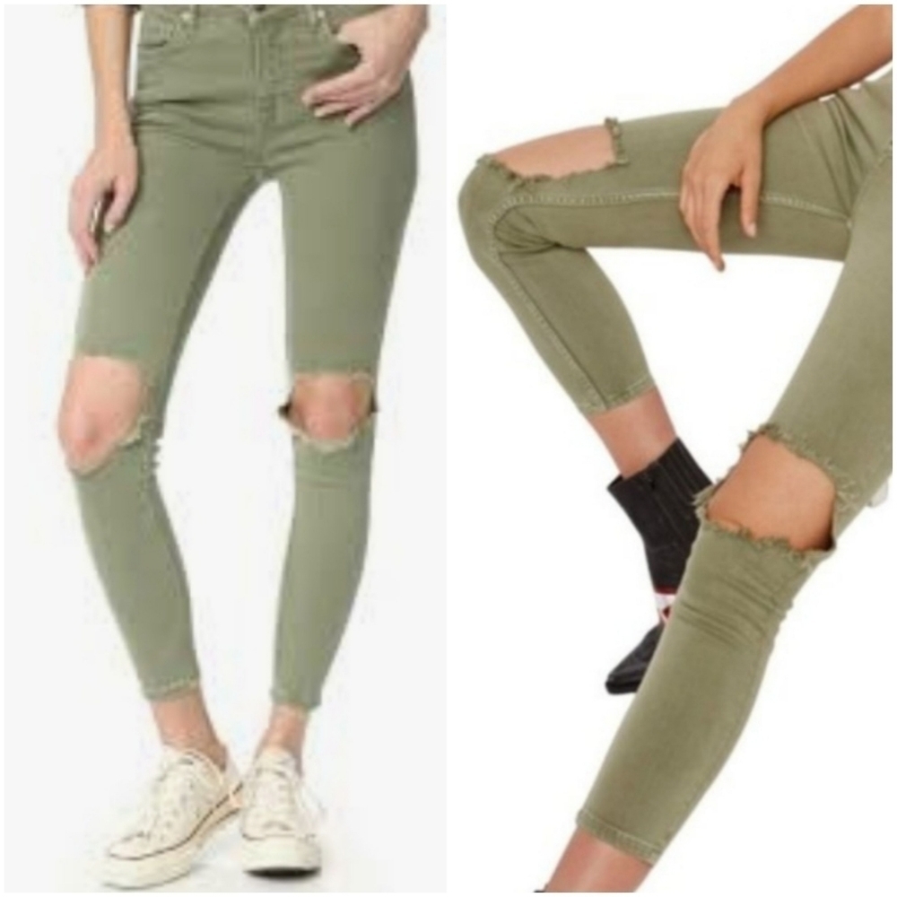 Free People Women's Olive Green High Waisted BusteDistressed Skinny Jeans, sz 28